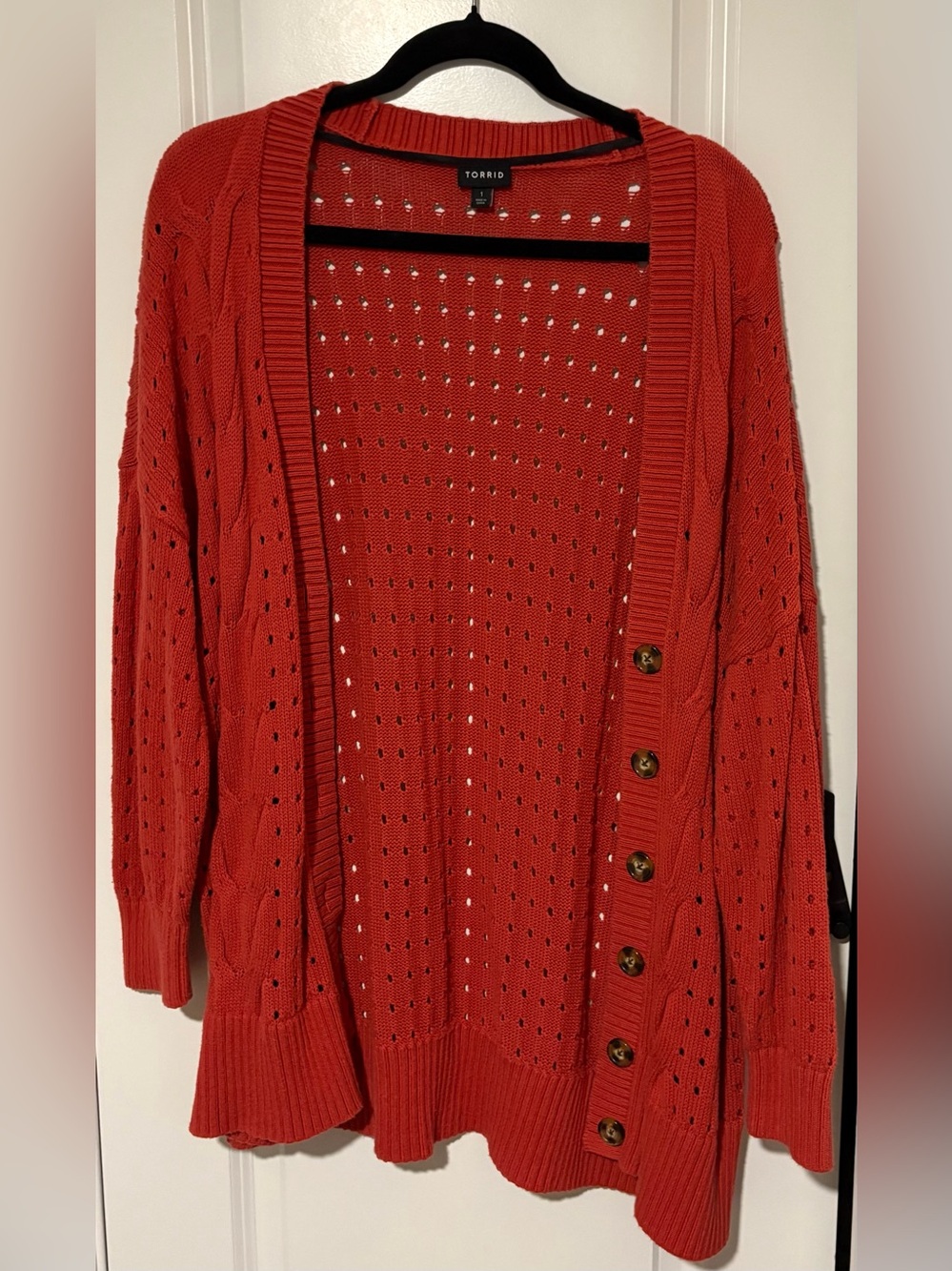 torrid rust red open-knit button-front cardigan